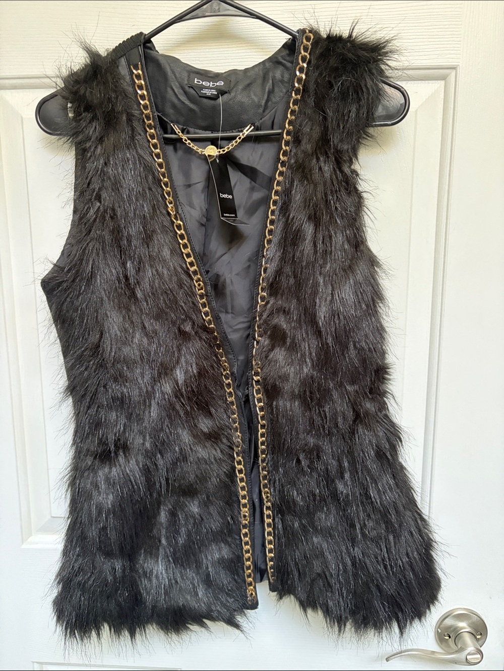 bebe Black Faux Fur Vest with Gold Chain Trim